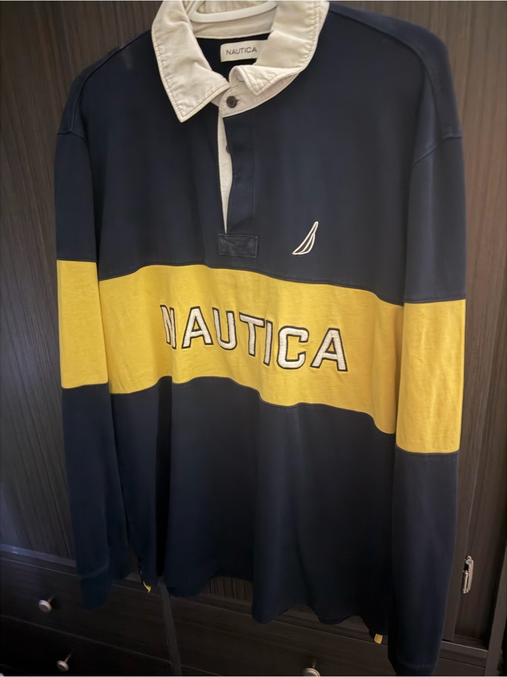 Nautica Navy & Yellow Striped Rugby Polo with White Collar